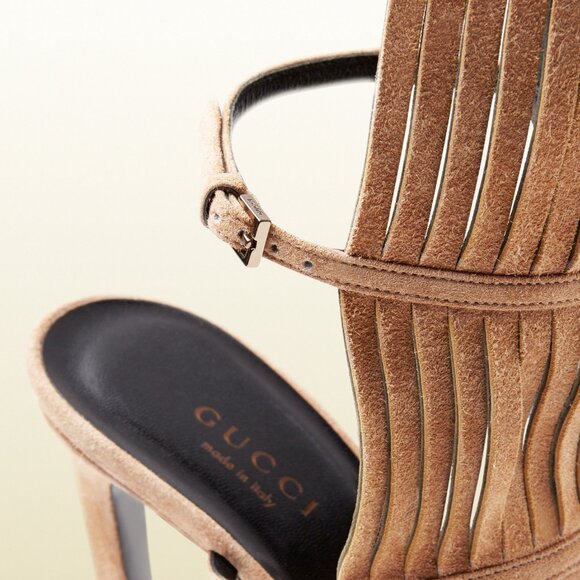 GUCCI SHOES BECKY BEIGE SUEDE FRINGED HIGH HEEL SANDAL sz 36.5 / 6.5 - Picture 7 of 9